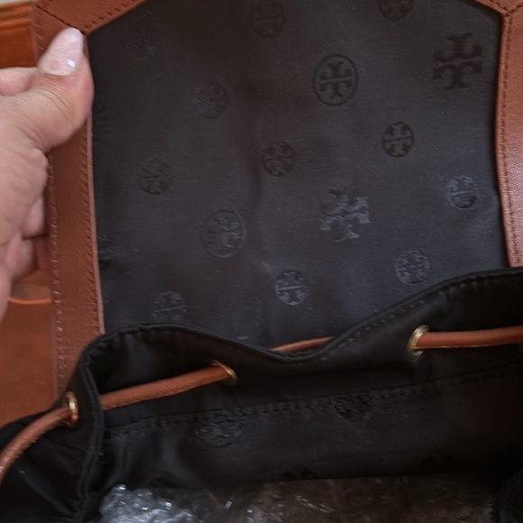 Tory Burch Backpack Black Nylon W / Leather Pockets and Accents in Tan Leather - Picture 10 of 16